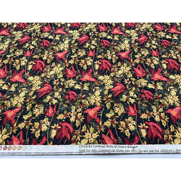 Fabric - Susan Winget "CARDINAL HOLLY" Birds, 100% Cotton - 1.50 Yards - NEW - Picture 3 of 14